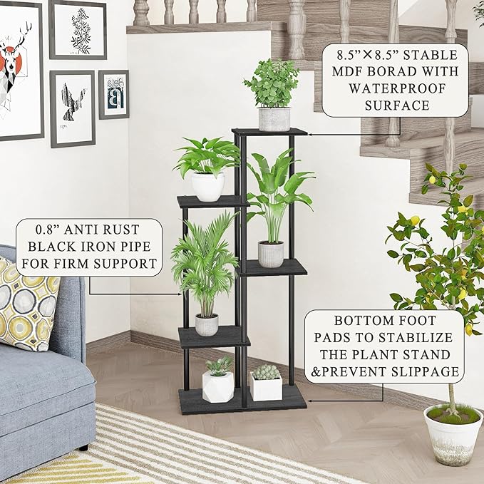 Plant Stand Indoor 5 Tier 6 Potted Metal Wood Plant Shelf, Multiple Flower Pots Corner Tall Plant Holder Stands for Living Room Balcony Bedroom, Black