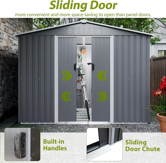 8X6 FT Outdoor Storage Shed with Roof,Waterproof House Tool Cabinet W/Metal Foundation & Lockable Doors,for Shovels,Umbrellas,Antennas,Escalators,Gray