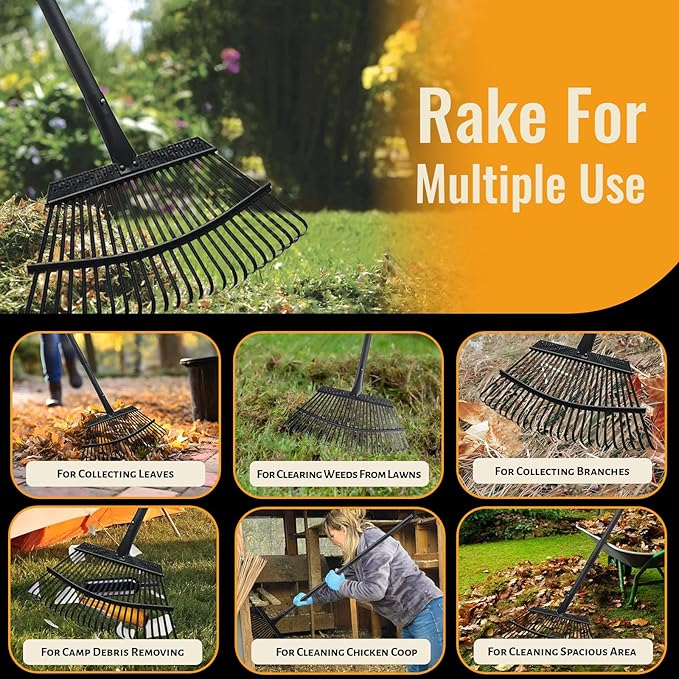 Garden Rake for Leaves, 25 Tines Heavy Duty Metal Yard Rake with 64 inch Adjustable Handle, Ideal Leaf Rakes for Gardening, Dethatching, Thatching, Gathering Shrub, Grass, Debris, Rocks