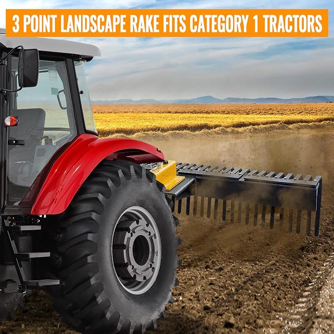 60 Inch 3 Point Landscape Rake with Heavy Duty Tines and Pin Hitch Perfect for Category 1 Tractor, Lawn Tractor Rake Ideal for Lawn Care and Landscaping
