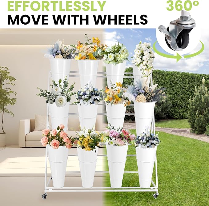 Flower Display Stand with Buckets, 3 Layers 12PCS Buckets Metal Flower Cart Display Stand with Wheels, for Patio Garden, Living Room (3 Layers White Round Bucket)