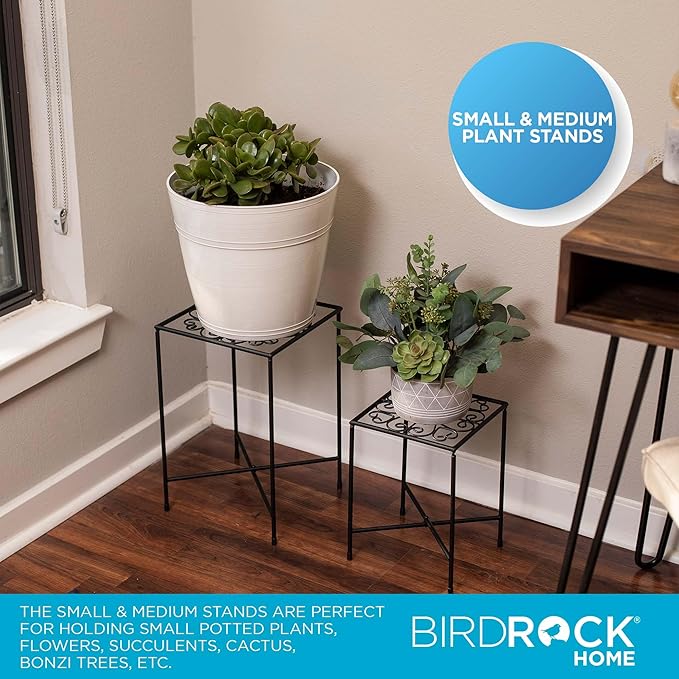 BIRDROCK HOME Metal Plant Stands - Durable Iron with Decorative Scroll Design - Compact Folding Stand for Small Plants, Succulents, and Flowers - Perfect for Indoor and Outdoor Use - Black, Set of 2