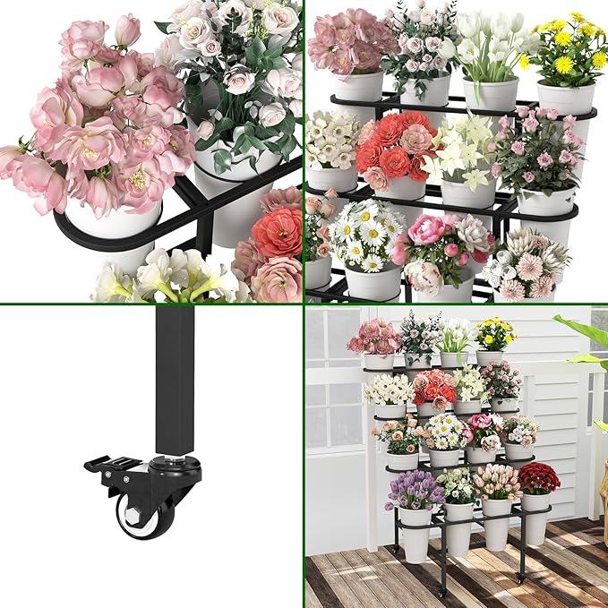 4 Tier Flower Display Stand, Metal Flower Bar Stand for Fresh Flowers Without 16pcs Buckets, Heavy Duty Garden Flower Cart Display Stand with Wheels