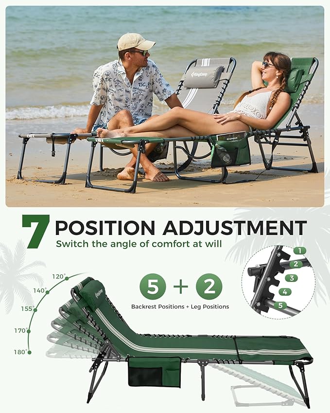 KingCamp Tanning Chair with Face Hole, Lounge Chairs Outdoor Folding Comfy Adjustable 5-Position Lay Flat Foldable Chaise Chaser Lounger for Outside Beach Patio Sun Bathing Pool, Green/White