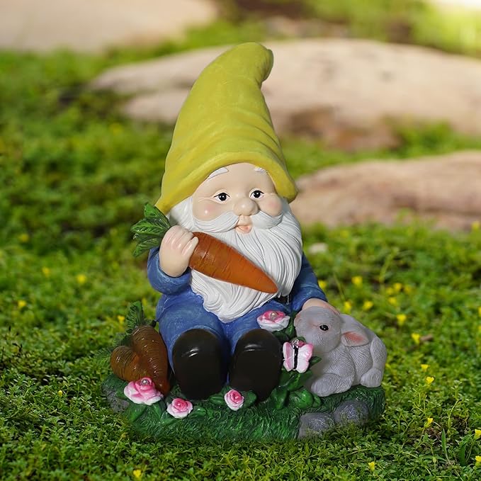 Christmas Gnomes Outdoor Statue Gnome Feeding Rabbit with 6 LED Solar Figurine for Lawn,Patio,Balcony,Yard Decor Unique for Grandfather, Father,Grandma