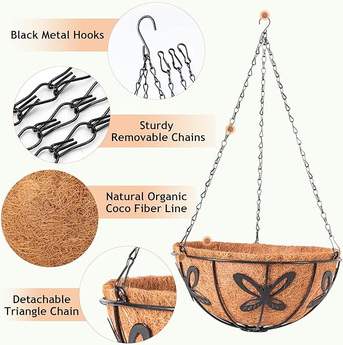 Hanging Baskets Planter for Plants, 2 Pack 12 Inch Round Metal Wire Hanging Flower Pots with Coco Coir Liner Chain, Plant Holder for Home Garden Balcony Decor