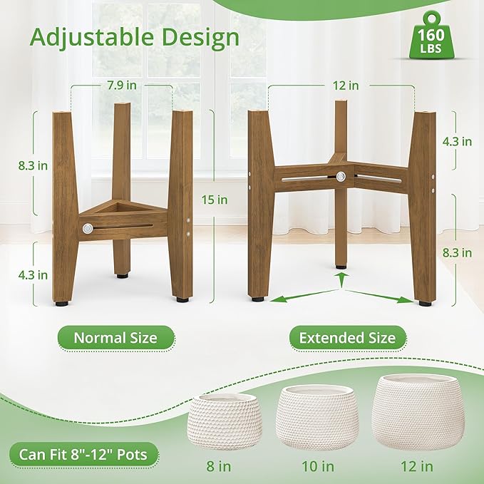 LUE BONA 2 Pack HDPS Plant Stand, Adjustable Plant Stand Indoor for 8-12 Inches Pots, Mid Century Modern Plant Holder for Indoor, Outdoor, Teak Finish