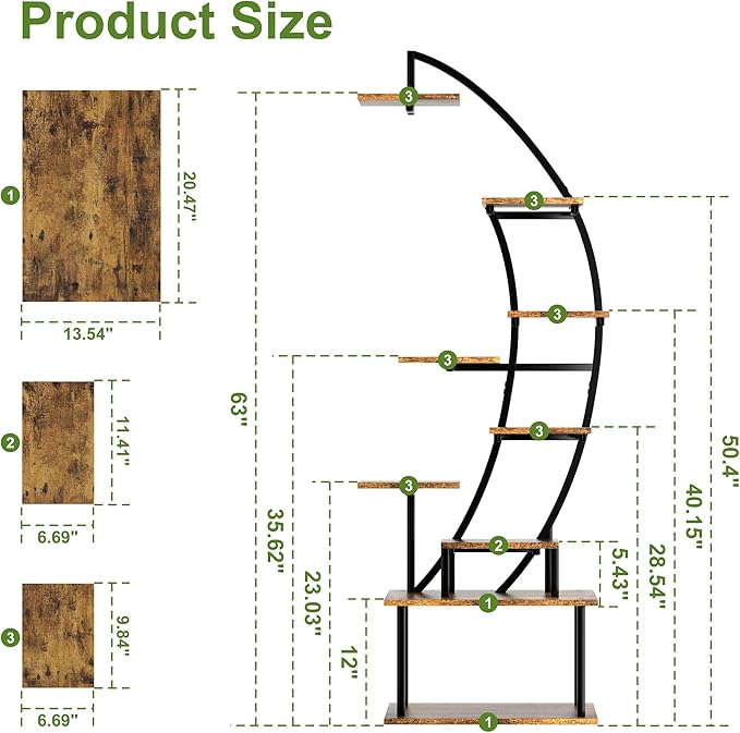 Plant Stand Indoor with Grow Lights, 9 Tier 63" Metal Plant Shelf for Multiple Plants, Tall Lighted Plant Shelves Corner Flower Holder, Half Curved Shape Plant Display Rack for Home Living Room Patio