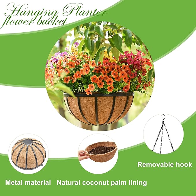14 Inch Black Flat Iron Metal Hanging Planter Basket with Coco Coir Liner(4 Pack) Hanging Planters for Outdoor Plants Hanging Baskets for Plants Flower Pots for Deck Patio Porch Garden Balcony