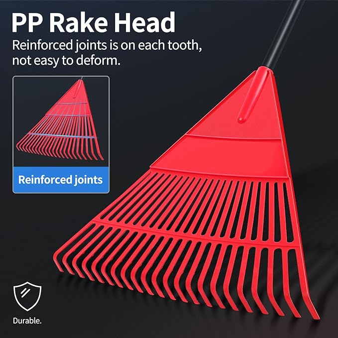 Garden Leaf Rake, 60" Garden Rakes with Foldable Lightweight Steel Handle, 22 Tines Plastic Head Shrub Rake, Folding Yard Garden Rake for Shrub, Lawns, Grass, Flower Beds Leaves Cleaning, Black & Red