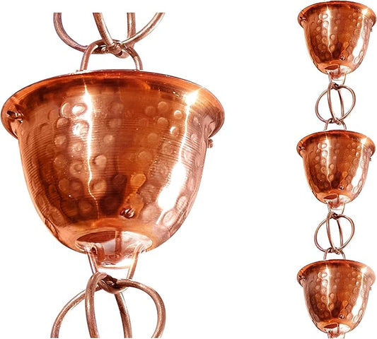 Monarch Rain Chains Pure Copper Hammered Cup Rain Chain, 8.5 ft Decorative Rain Catcher Chain for Gutters, Large Rain Chains for Outside, Rain Gutter Replacement Downspout