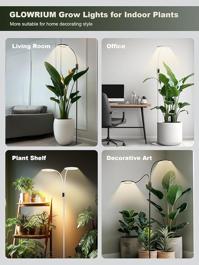 GLOWRIUM Smart Grow Lights for Indoor Plants, 24W Full Spectrum Plant Lights with Bluetooth App, Adjustable Height 47-70.9", Auto Timer, Indoor Plant Lamp for Large Tall Plants（White 24W）