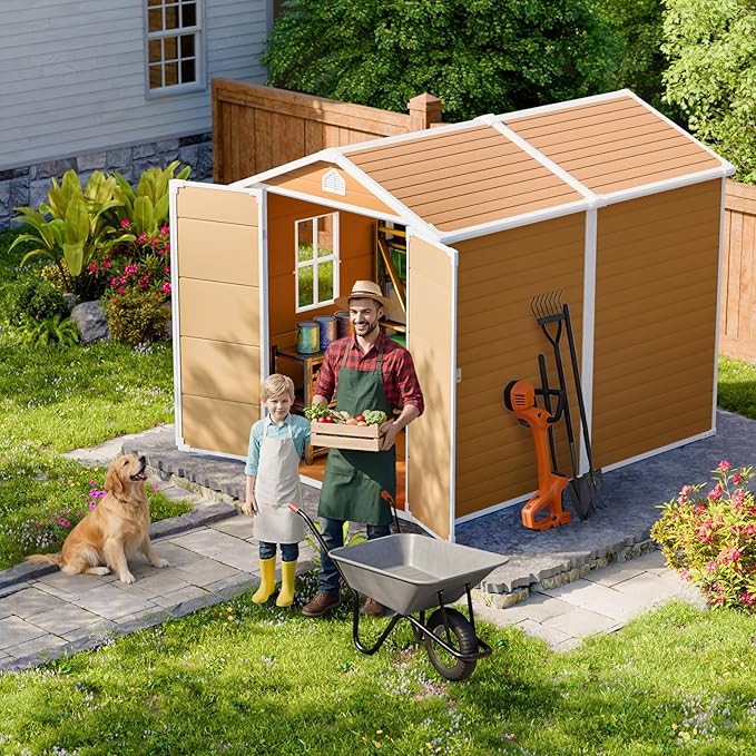 HUSFU Outdoor Resin Storage Shed 8x6 FT, Plastic Tool Shed for Bike, Garbage Can, Chicken Coop, Outside Sheds with Lockable Door for Backyard, Patio, Lawn, Light Brown