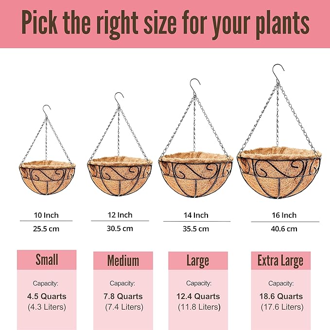 LaLaGreen Hanging Planter for Outdoor Plants (14 Inch, 4 Pack) Hanging Baskets with Coco Liner, Black Metal Wire Flower Basket Pots with Hook Hanger Balcony Porch Farmhouse Country Style Garden Decor