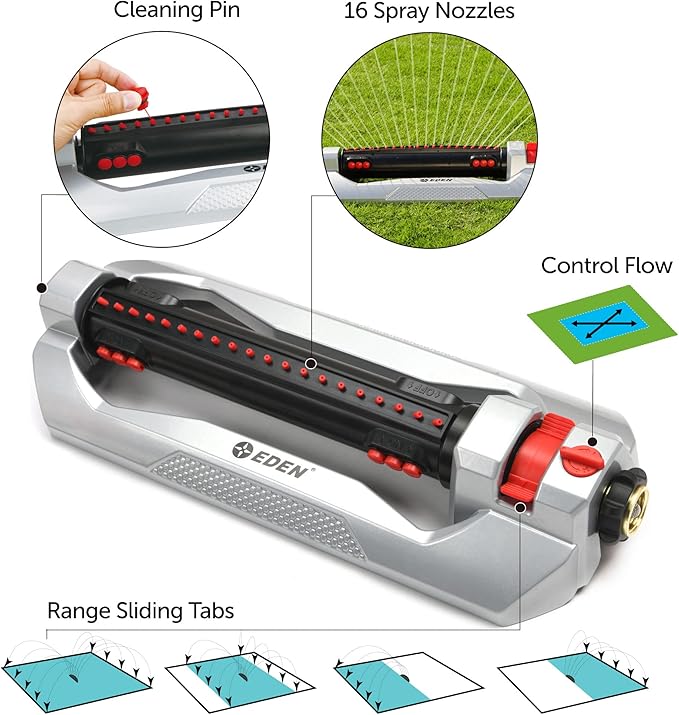 Eden 96216 Heavy Duty Metal 3-Way Oscillating Sprinkler for Large Lawn and Garden W/Quick Connect Starter Set