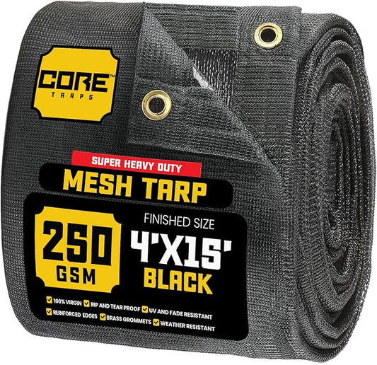 Core Tarps 60% Black Shade Cloth with Grommets - 4 X 15 FT Heavy Duty Mesh Tarp - Sun Shade Cloth for Garden Vegetables Plants Greenhouse Outdoors Backyard Fences Dump Trucks Patio Mesh Shade Tarp