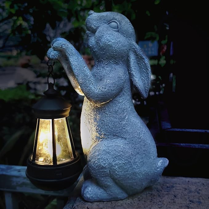 Rabbit Solar Garden Outdoor Statues,Resin Rabbit Figurine Decorations with Solar Lights Lantern, Outdoor Resin Bunny Decor for Lawn,Yard, Unique Housewarming Gift for Garden Home