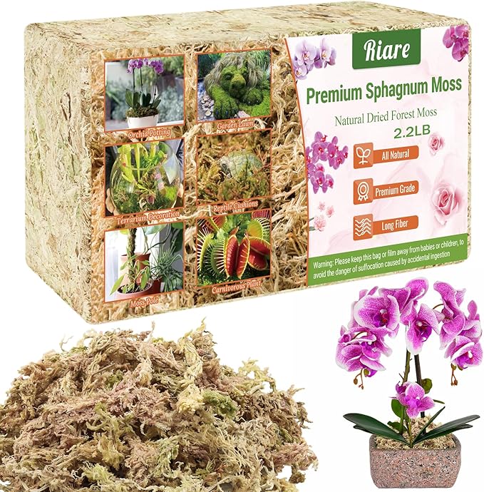Riare 2.2 LB Premium Sphagnum Moss for Plants- 40QT Natural Long Fibered Sphagnum Peat Moss for Plants Indoor, Succulent Orchid Potting Mix for Orchids Carnivorous, Succulent and Reptiles