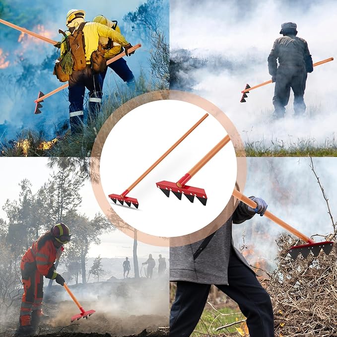 Bucherry 1 Pcs Fire Rake 60 x 12.2 x 3.15 Inches Removable Straight Handle L Fires Rake Tool Ash Wood 4 Wide Tines for Fire Fighting Building Lines Gardening Yard Soil
