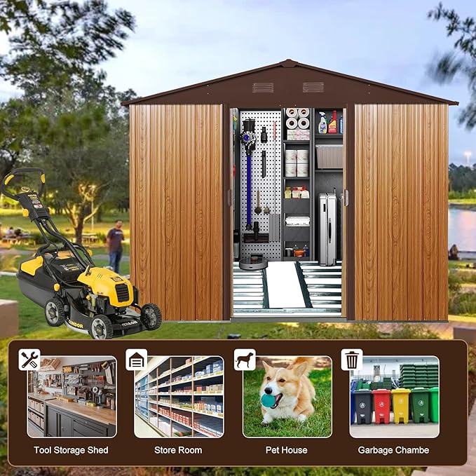 10 x 8 FT Outdoor Storage Shed, Metal Garden Shed with Floor Frame, Large Tool Shed Outdoor Storage with Lockable Sliding Doors & Air Vents, Storage House Waterproof for Backyard, Lawn, Coffee