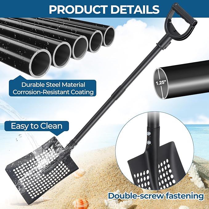 Beach Sifter Sand Scoop for Treasure Hunting, 47" Adjustable Metal Sand Sifter Shovel with Comfort Grip, High Sides for Shells & Relics