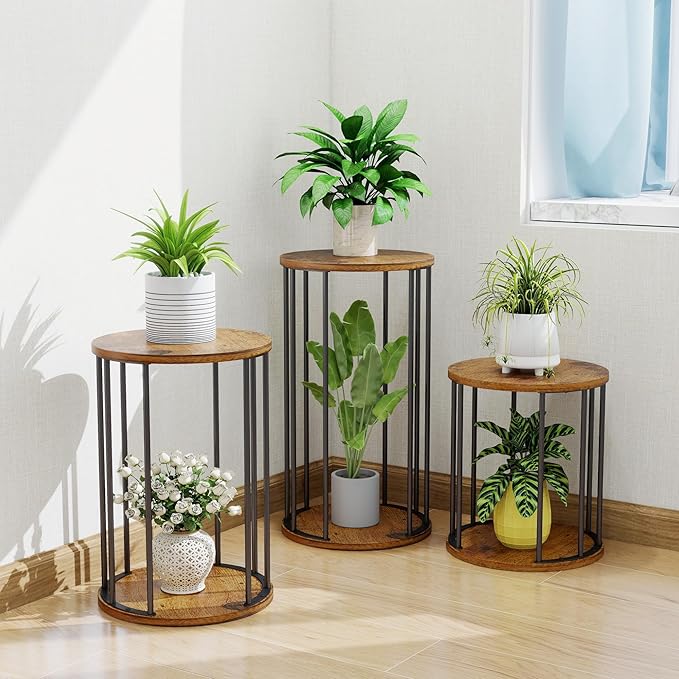 Plant Stand Indoor,small plant stool,Flower Pot Corner stand holder,Mid Century Heavy Duty Metal Tall Home Decor,Modern Round End Table,Small Rustic Display Stand for Living Room,Bedroom (Brown,3 Packs)