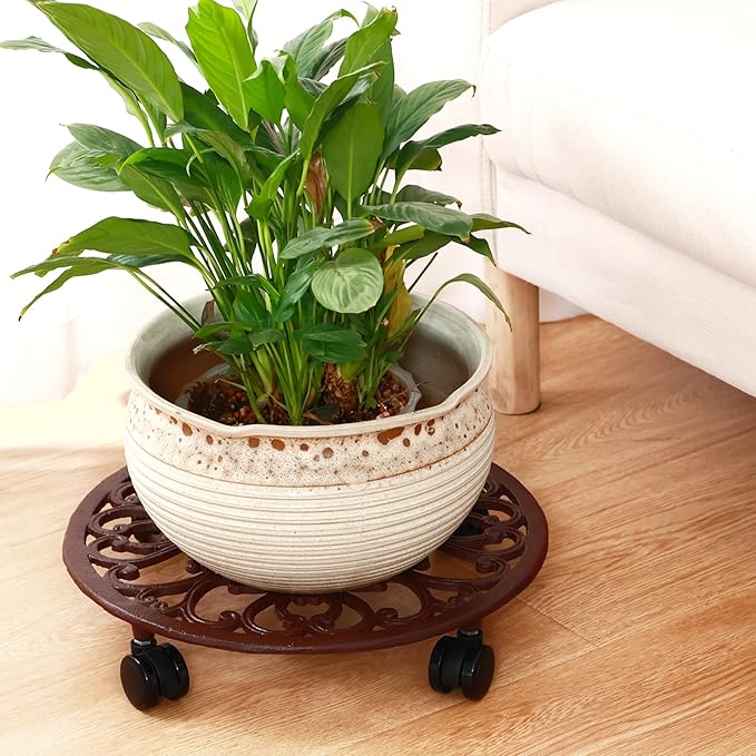 2 Packs 14 Inch Rolling Plant Stand with Wheels Metal Plant Caddy with Wheels Heavy Duty Round Plant Stand Indoor Iron Plants Rollers for Plants, Plant Dolly Brown