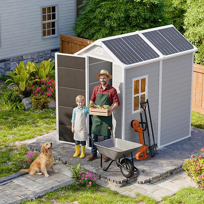 HUSFU Outdoor Resin Storage Shed 6x4 FT, Plastic Tool Shed for Bike, Garbage Can, Chicken Coop, Outside Sheds with Lockable Door for Backyard, Patio, Lawn, Light Grey