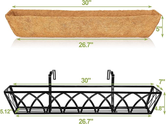 Y&M 30 Inch Fence Metal Hanging Flower Planter Window Basket Deck Railing Planter Boxes for Outdoor Garden Lawn, Window Deck with Coco Liner,6pcs