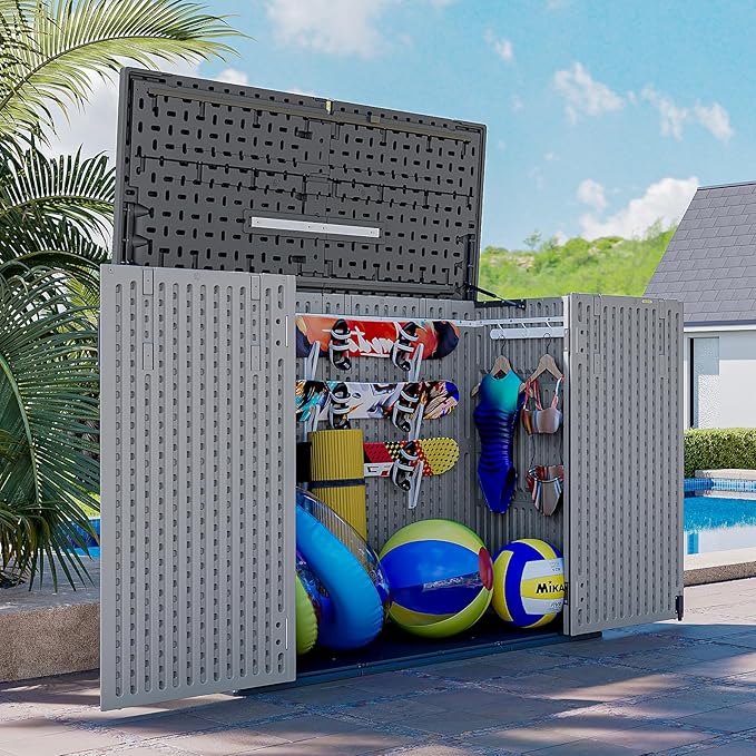 AOXUN Horizontal Storage Sheds 41 Cu.ft, HDPE Outdoor Storage Box 160 Gallon, Waterproof Lockable Resin Deck Box with Spring-Assisted Lid, Patio Storage for Garden, Pool, Cushions, Tools, Grey