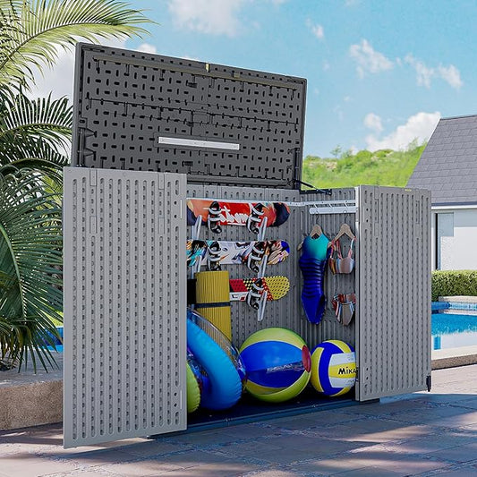 AOXUN Horizontal Storage Sheds 41 Cu.ft, HDPE Outdoor Storage Box 160 Gallon, Waterproof Lockable Resin Deck Box with Spring-Assisted Lid, Patio Storage for Garden, Pool, Cushions, Tools, Grey