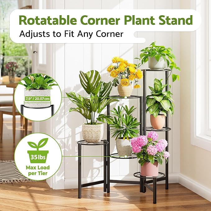 Outdoor Plant Stands for Patio Corner Tall Plant Stand Indoor Metal Flower Pot Stands for Multiple Plants 6 Tier Heavy Duty Shelf Black Kite