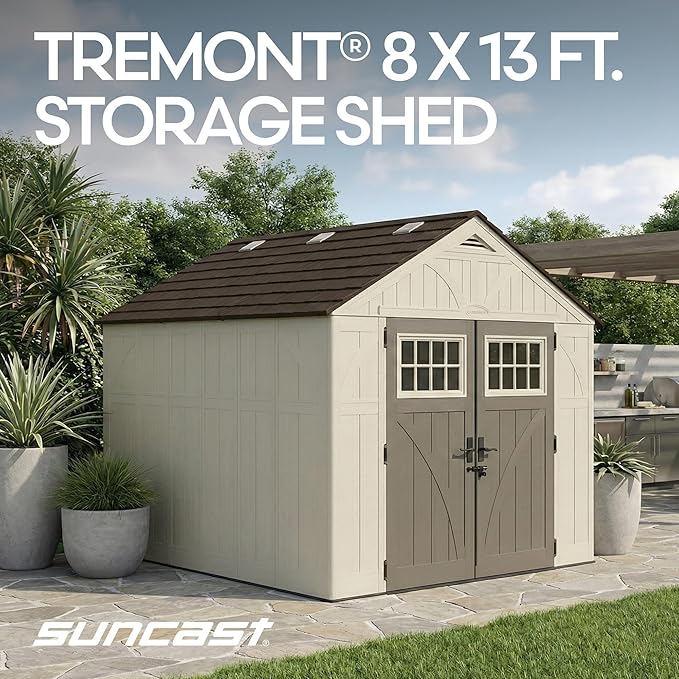 Suncast 8x10 Ft. Outdoor Storage Shed - Large Resin Outdoor Shed with Floor Included, Lockable Double Doors & Skylights. 547 Cu Ft Tremont Garden Plastic Sheds for Lawn Tools, Riding Mowers, & Bikes