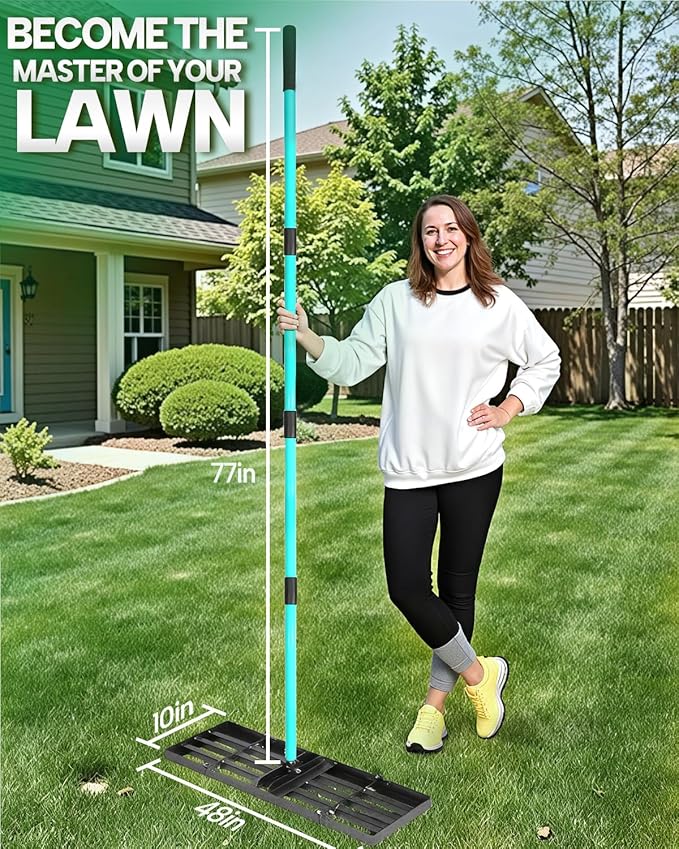 Breeze Touch Lawn Leveling Rake 48x10 Weighted & Collapsible Plate, Heavy Duty Yard Leveler Rake with 77" Adjustable Stainless Steel Handle, Lawn Tools for Gardening, Golf Course, Farm, Pasture