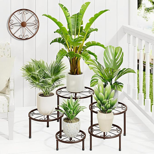 5-Pack Decent Metal Plant Stands, Heavy Duty Flower Pot Stands for Multiple Plant, Anti-Rust Iron Plant Pot Shelf, Decoration Racks for Home Indoor and Outdoor(BrownS)