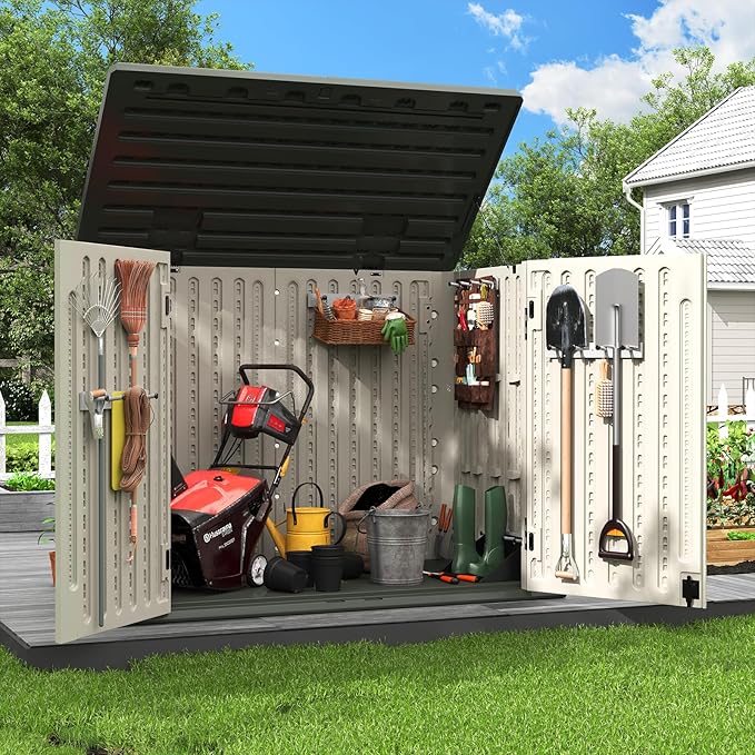 Amopatio Horizontal Outdoor Storage Shed, 34.5 Cu Resin Outdoor Storage Cabinet Waterproof, Outside Cabinet Weather Resistant for Trash Cans, Lawn Mower, Garden Tools, Patio Furniture, Light Grey