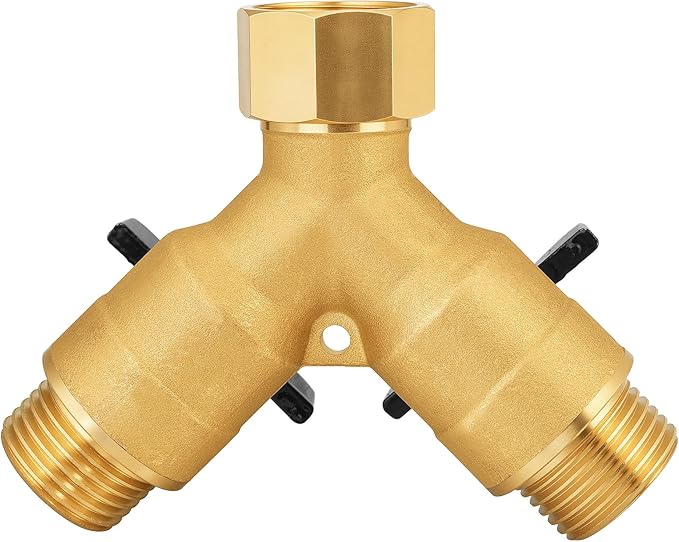 Heavy-Duty Brass 2-Way High-Flow Garden Hose Splitter, Outdoor Faucet Y-Valve Diverter Connector with Butterfly Handle, Full-Flow Water Hose Adapter (Valve butterfly handle - 2-piece)
