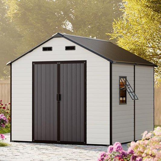 8x8x7.6 FT Resin Storage Sheds with Floor Openable Windows, Large Waterproof Plastic Garden Sheds with Base for Outdoor Backyard Patio Big Tools Storage Lawnmover Bike, Gray