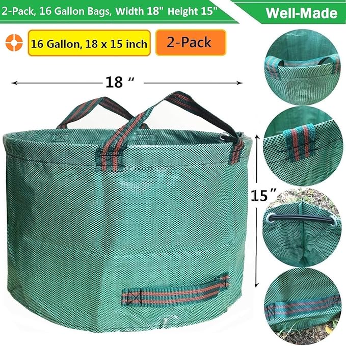 Standard 2-Pack 16 Gallon Yard Lawn Garden Bags (D18, H15 inch) w/Gardening Gloves for Yard Waste Bags,Patio Debris Container,Camping Trash Bin,Recycling Bag,Laundry Bin,Lawn Weeds,Leaf Bag 4 handles