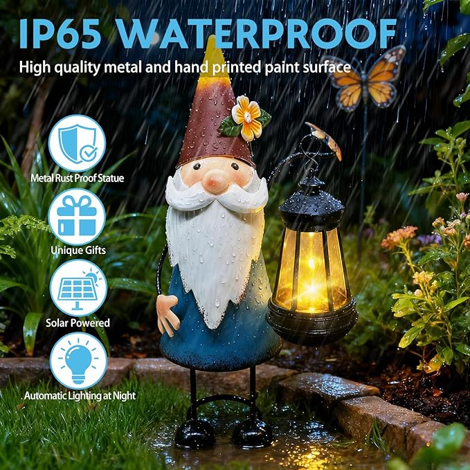 Solar Santa Claus Statue with Lights,14.56in Tall Solar Christmas Gnome Garden Sculptures, Birthday Xmas Gift for Woman Grandma Big Metal Decorative for Outdoor Patio Porch Ornaments Lawn Yard Balcony