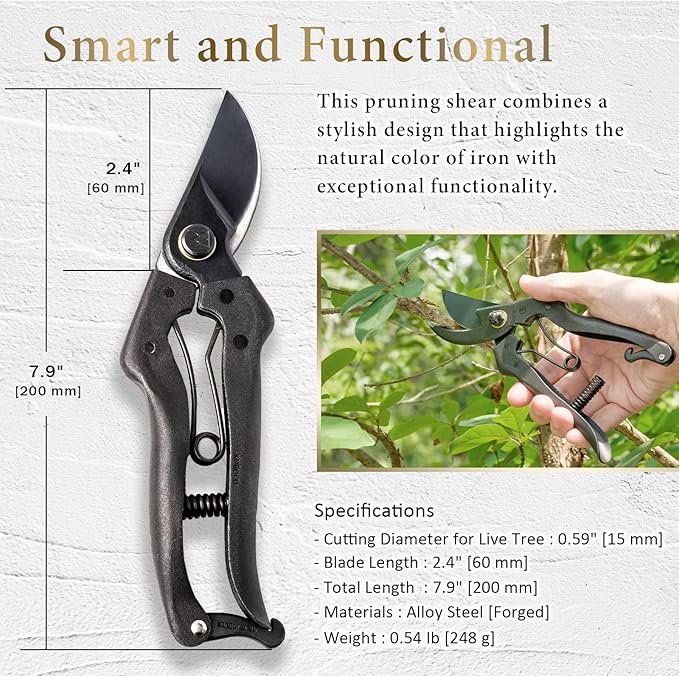 Professional Forged Bypass Pruning Shears 7.9" Japanese Hand Garden Scissors Made in Japan (Cusion-Spring Model)
