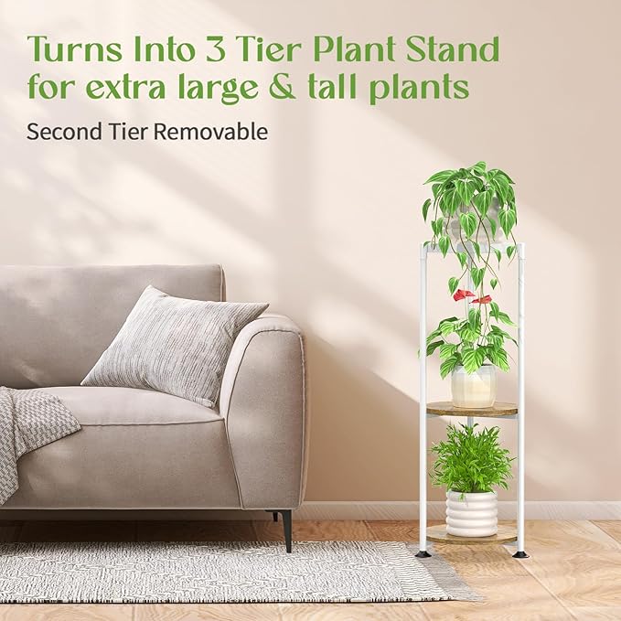 iDavosic.ly 3 Tier Corner Plant Stand Indoor, 34 Inch Tall Vertical Metal Flower Heavy Duty Pot Holder Shelf Outdoor for Patio Porch Living Room, White & Rustic Brown - Round