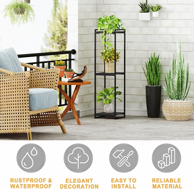 3-Tier Plant Stand Indoor, 45" Tall Modern Plant Shelf Corner Flower Pot Holder Organizer for Living Room Balcony Garden, Black