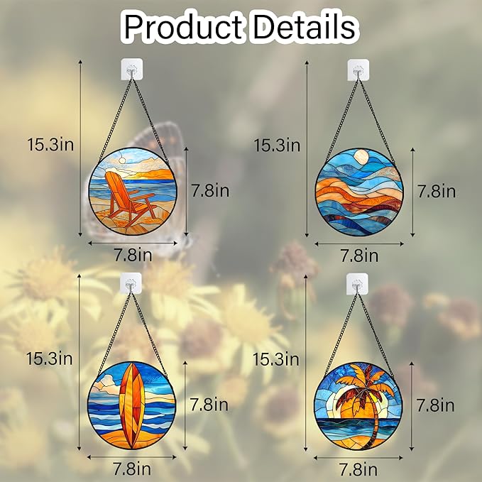 Stained Glass Window Hanging 4 Pcs Set Blue Orange Ocean Beach Theme 7.8" - Suncatcher Door Garden Sun Catcher Decor Birthday Christmas for Mom Woman Nana Men Wife