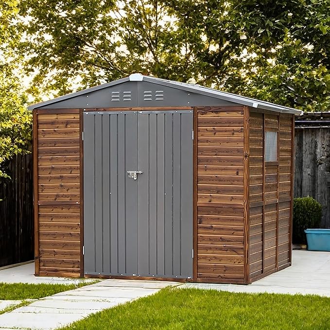 8x6 FT Outdoor Wood Storage Shed, Garden Tool Shed with Windows, Outside Storage Shed Waterproof for Backyard, Garden, Patio, 4 Vents (Without Floor) Wood Color