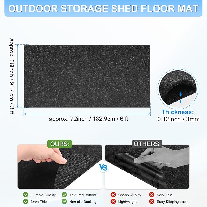 3 mm Thickened Outdoor Storage Shed Mat, 3x6 ft Waterproof Shed Flooring Mat for Patio Furniture Floor Protecting from Wear/Liquid/Dust/Oil, Non-Slip Felt Rubber Rug Pad [Grey]
