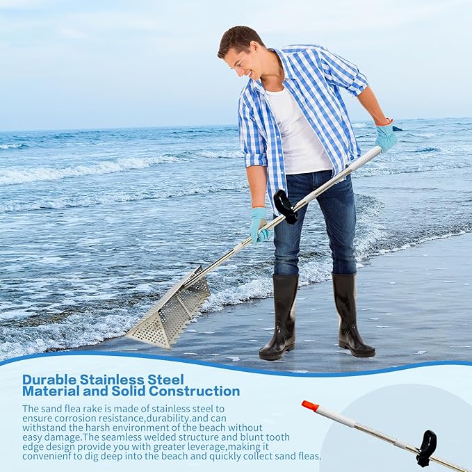Sand Flea Rake, Detachable Long Handle Sand Sifter for The Beach, The Shark Tooth Screen Comes with a 16in Wide Drain Screen with a 51in Handle
