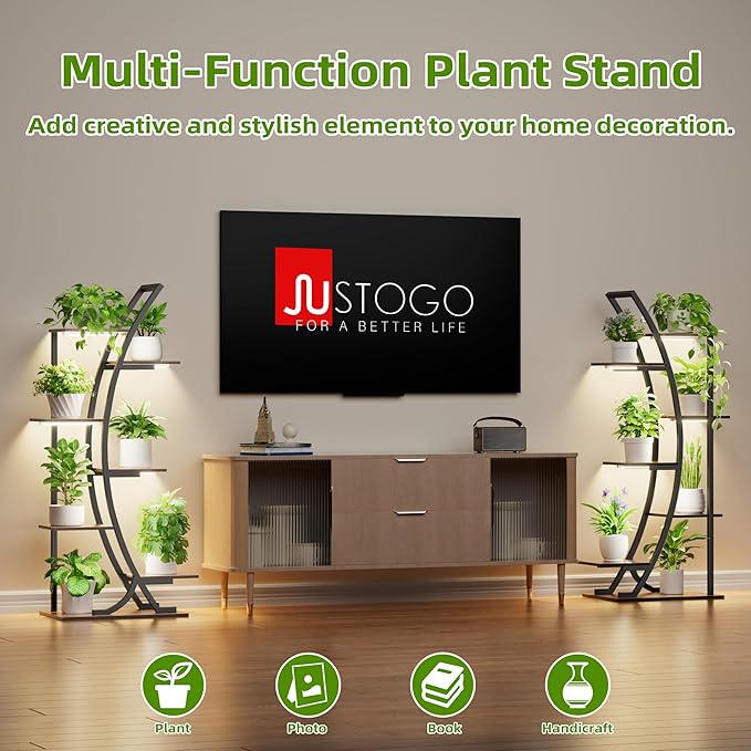 JUSTOGO Plant Stand Indoor with Grow Lights, 47" 7-Tier Corner Plant Shelf Rack, Multi-Pot Holder Display Stand for Plants, Flowers - Garden, Patio, Living Room Decor, Black