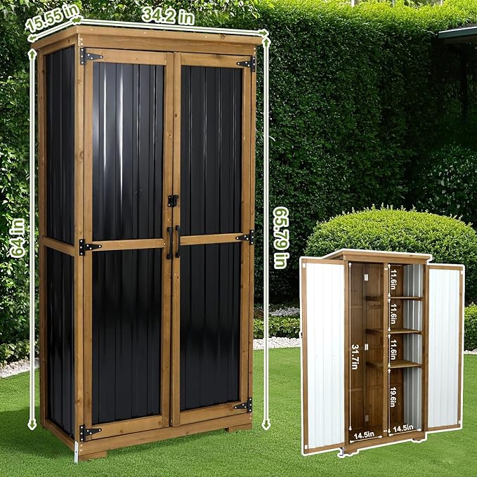 Outdoor Storage Cabinet,Wood & Metal Storage Shed with Adjustable Shelves & Lockable Doors,Vertical Outdoor Cabinets for Backyard Patio, Gardening Tools and Accessories,Brown