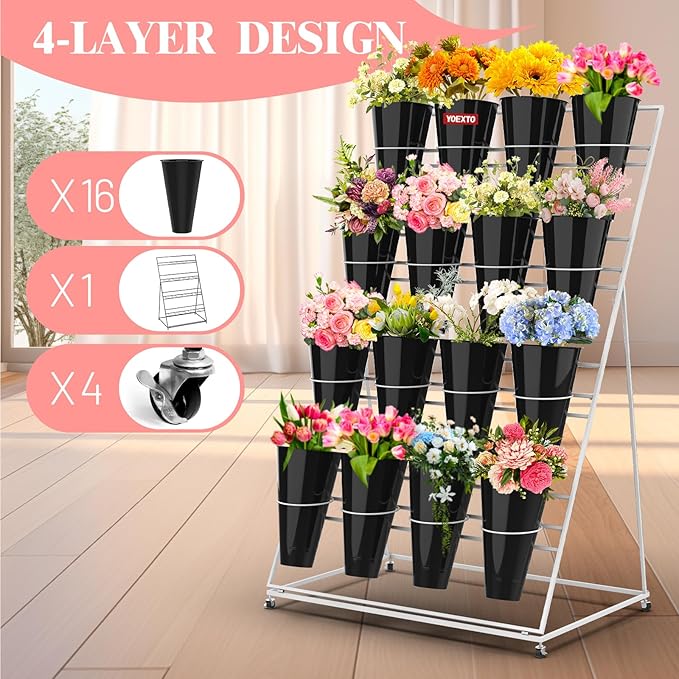 Flower Display Stand with Buckets, 4 Layers 16 PCS Buckets Plant Stand with Wheels, Movable Metal Plant Stand for Terrace Garden, Living Room, Florist Shop (White Frame - Black Buckets, 4-Tier)